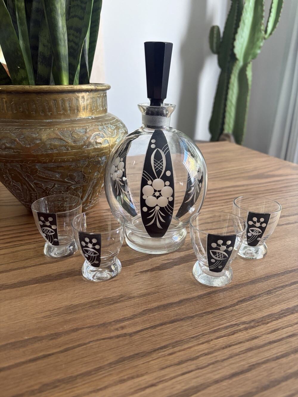 Vintage 1930s Bohemian Glass Decanter Set With Shot Glasses Black Art Deco Glass